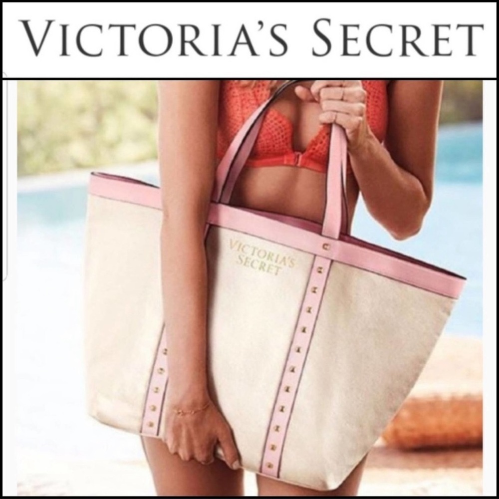 NEW VICTORIA'S SECRET CANVAS STUDDED PINK STRAPS TOTE BAG WEEKENDER SUMMER NWT